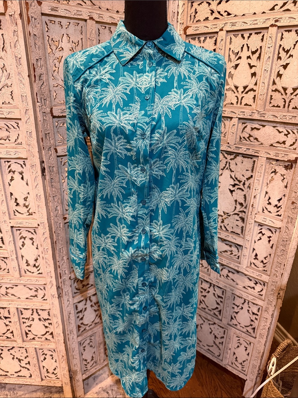 Coolibar Teal and White Palm-Print Long Sleeve Shirt Dress